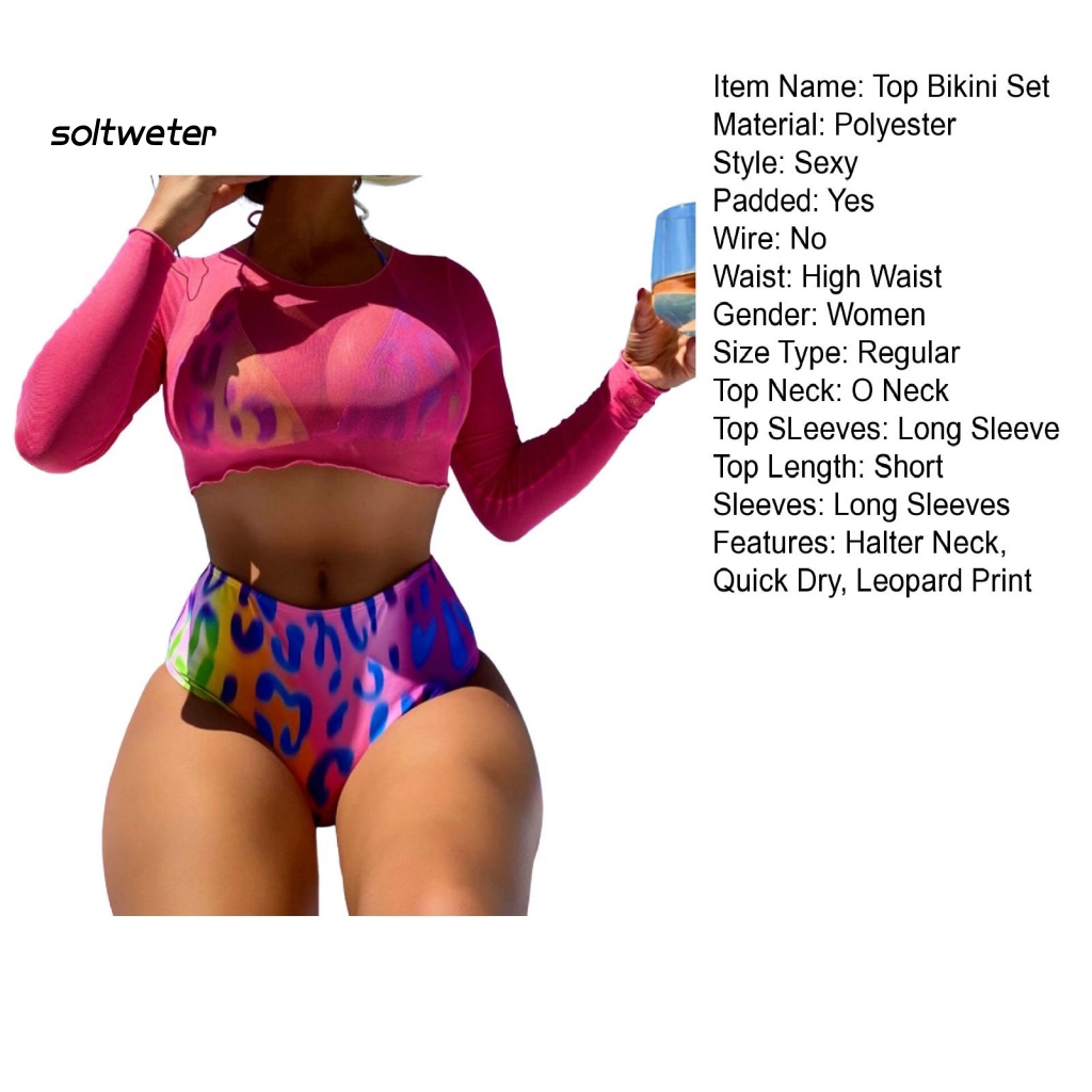 Bộ Đồ Bơi 3 Mảnh Gồm Áo Tay Dài Cổ Tròn Và Quần Lót Lưới Xuyên Thấu Chống Nắng In Họa Tiết Da Báo Cho Nữ