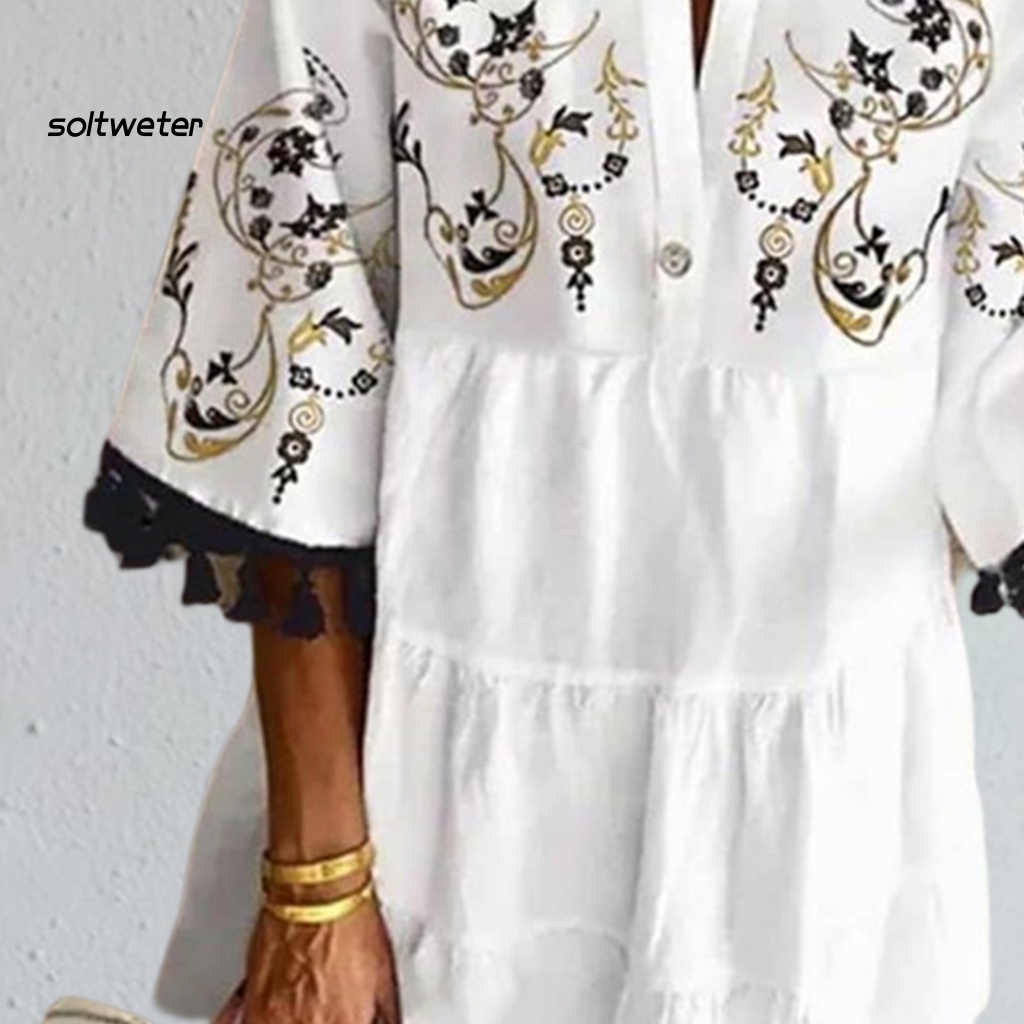 Đầm Cổ Chữ V Dáng Rộng Chất Liệu Polyester In Họa Tiết Hoa Phối Tua Rua Phong Cách Cổ Điển Thời Trang Đi Biển Cho Nữ