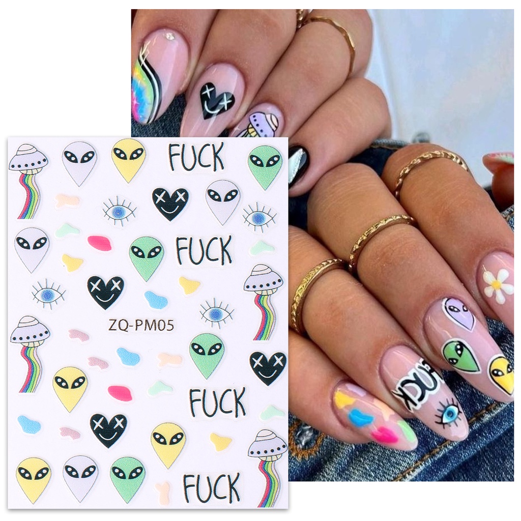 Miếng Dán Trang Trí Móng Tay Nghệ Thuật Họa Tiết Chữ Tiếng Anh / Bánh Quy / Đĩa Bay / Nấm Dopamine Màu Sắc
