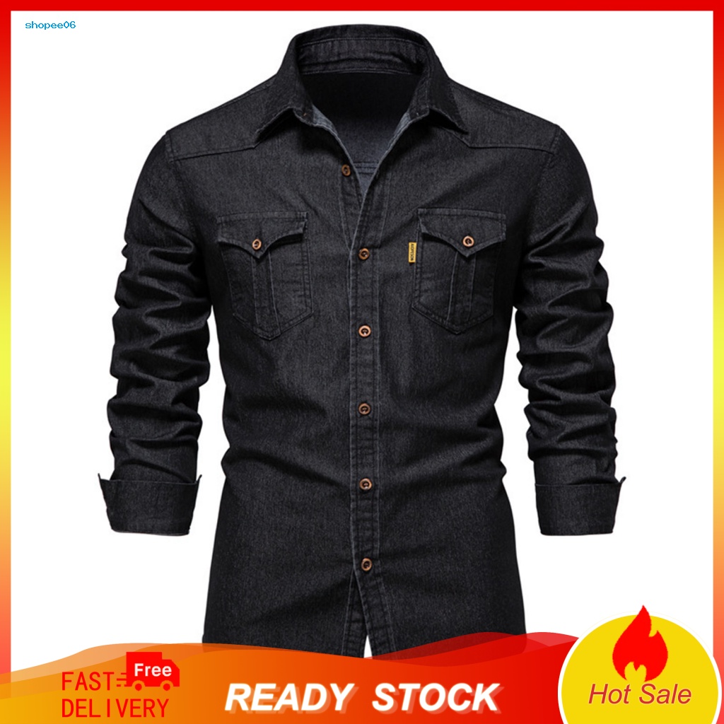 Áo Sơ Mi Denim Màu Trơn Nhiều Túi Thời Trang Xuân Hè Cho Nam