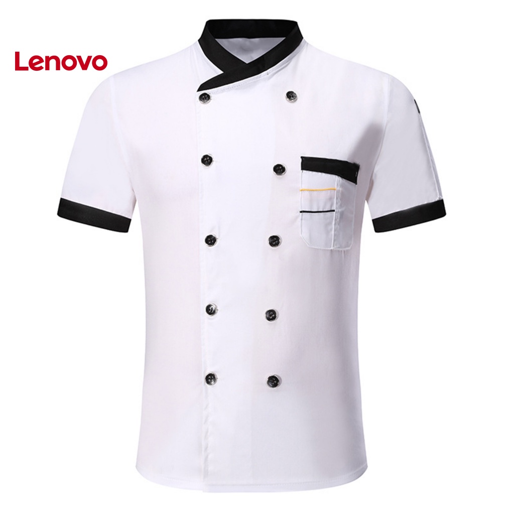 Áo Đầu Bếp Ngắn Tay Cổ Đứng Cài Hai Hàng Nút Họa Tiết Hoa Hướng Dương Phối Túi Cho Nam Nữ