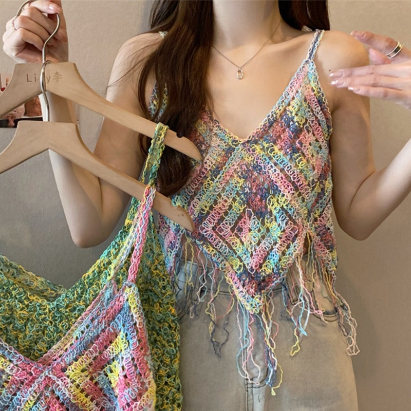 Áo Croptop Hai Dây Dệt Kim Không Tay Cổ Chữ V Thêu Họa Tiết Thời Trang Mùa Hè Dành Cho Nữ