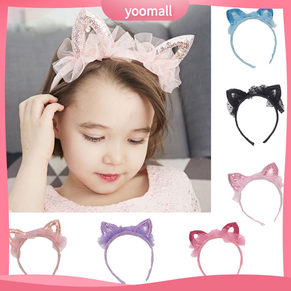 Băng Đô Cài Tóc Hình Tai Mèo Bằng Vải Gạc Đính Kim Sa Dễ Thương Cho Bé Gái