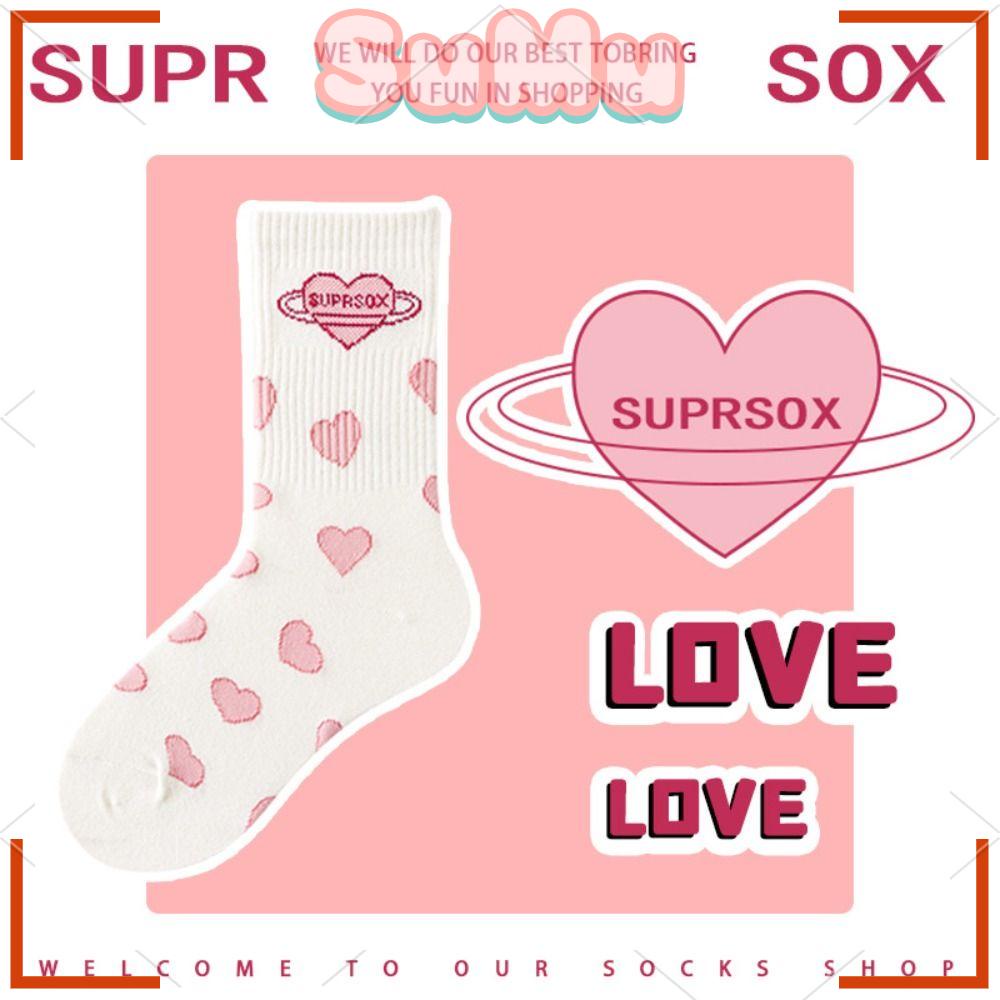 Vớ Dài Trung Bình Bằng Cotton Co Giãn Thoáng Khí In Họa Tiết Trái Tim Cho Nữ