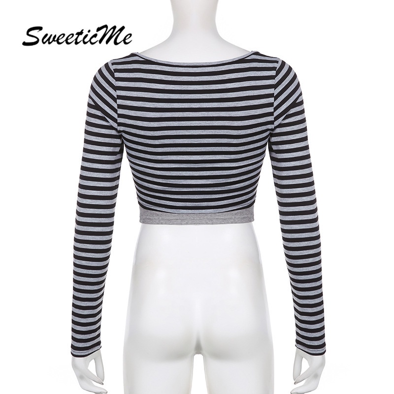 Áo Thun Dài Tay Cổ Chữ V Họa Tiết Kẻ Sọc Thời Trang 2023 Cho Nữ