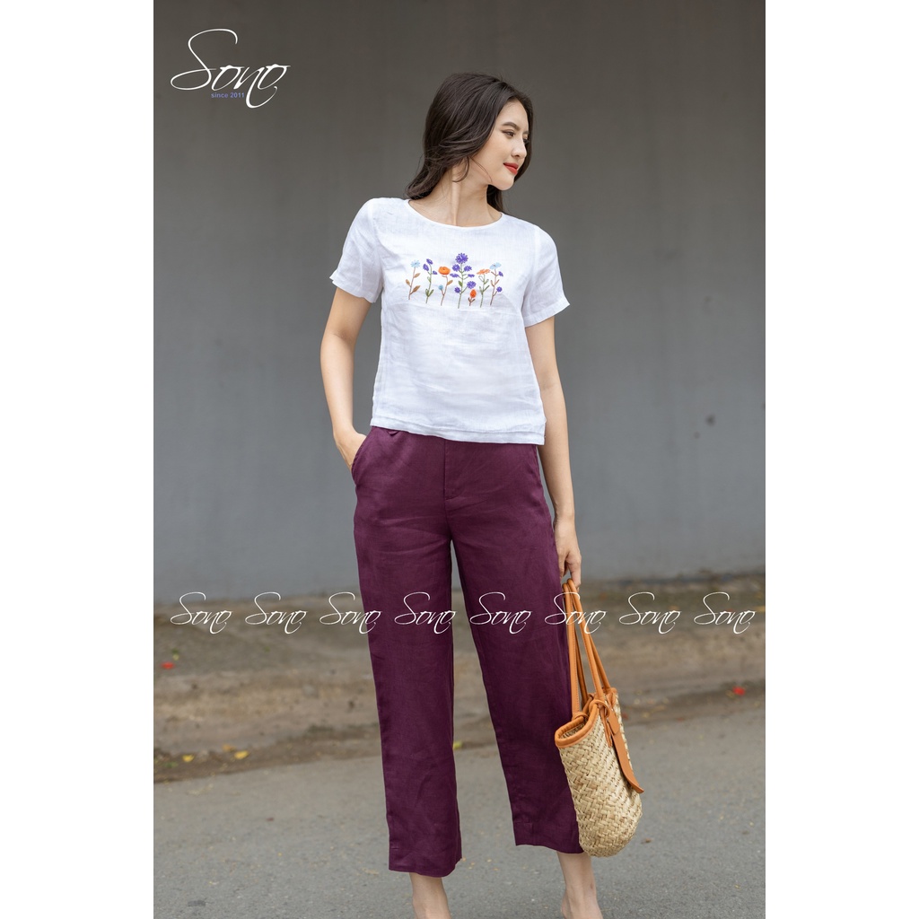 SONO - Áo Linen Có Tay Thêu Hoa Nhí