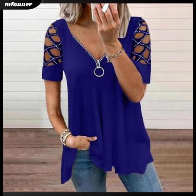 Áo Thun Tay Ngắn Cổ Chữ V Khoét Lỗ Màu Sắc Trơn Thời Trang Mùa Hè Cho Nữ