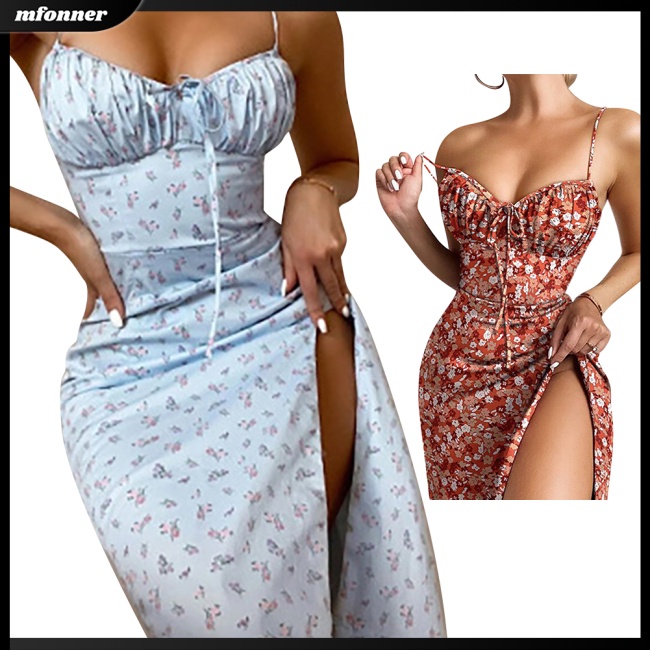 Đầm Midi Hai Dây Cổ Chữ V Xẻ Tà In Họa Tiết Hoa Dáng Ôm Thời Trang Mùa Hè Quyến Rũ Cho Nữ