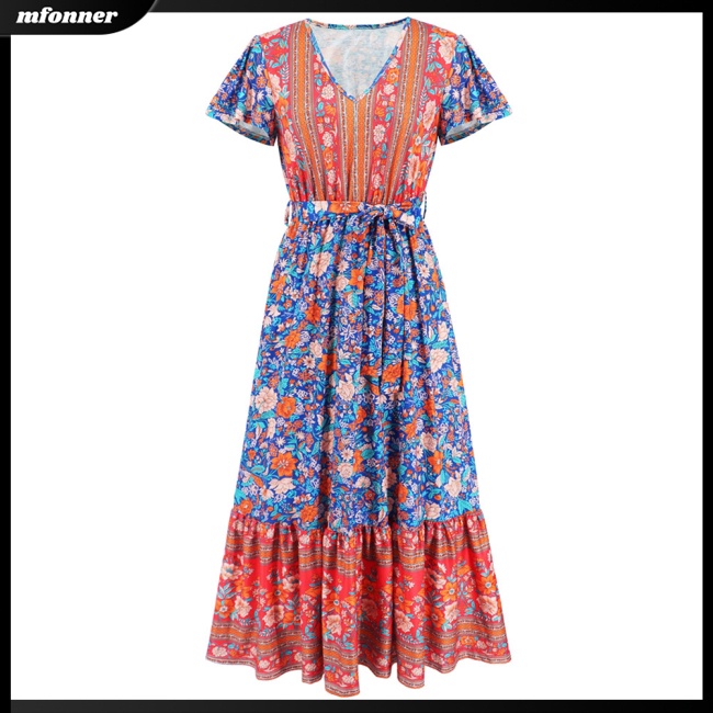 Đầm Maxi Lưng Cao Cổ Chữ V Họa Tiết Hoa Phong Cách Boho Thời Trang Mùa Hè Cho Nữ