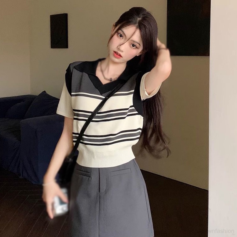 Áo Dệt Kim Tay Ngắn Kẻ Sọc Màu Sắc Tương Phản Phong Cách Retro Dành Cho Nữ