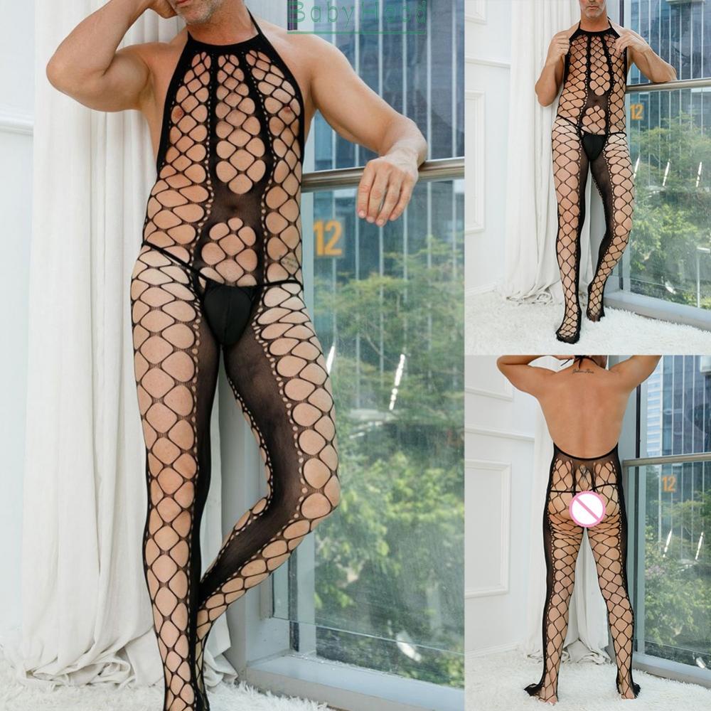 Alluring Men's Fishnet Pantyhose Slimming Black Bodysuit for Nighttime Adventure#BBHOOD