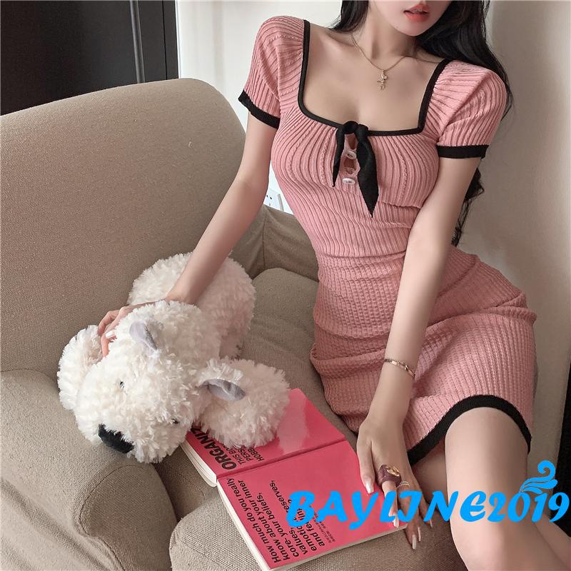 Đầm Ngắn Tay Cổ Vuông Hở Lưng Thắt Nơ Màu Sắc Tương Phản Thời Trang Mùa Hè Cho Nữ