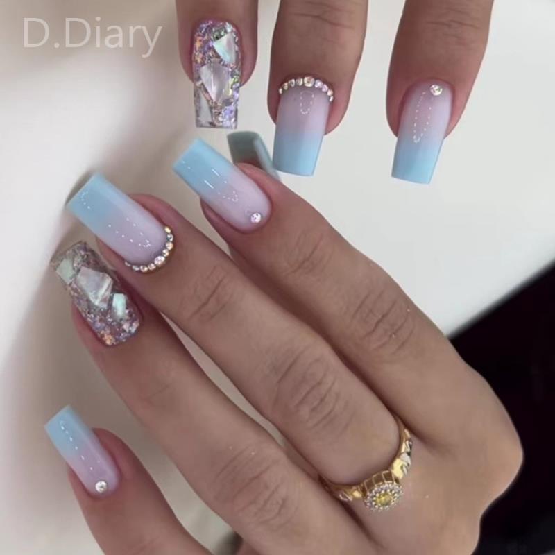 Bộ Móng Tay Giả Ngắn Bằng Acrylic Màu Hồng / Xanh Dương Gradient Dễ Thương Kèm Keo Dán Y2k