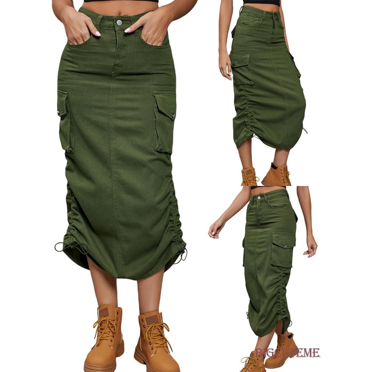 Chân Váy Denim Dài Lưng Cao Có Túi Thời Trang Đường Phố Cho Nữ