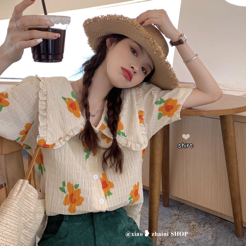 Áo Sơ Mi Tay Ngắn Cổ Búp Bê Họa Tiết Hoa Mẫu Mới 2023 Thời Trang Mùa Hè Cho Nữ