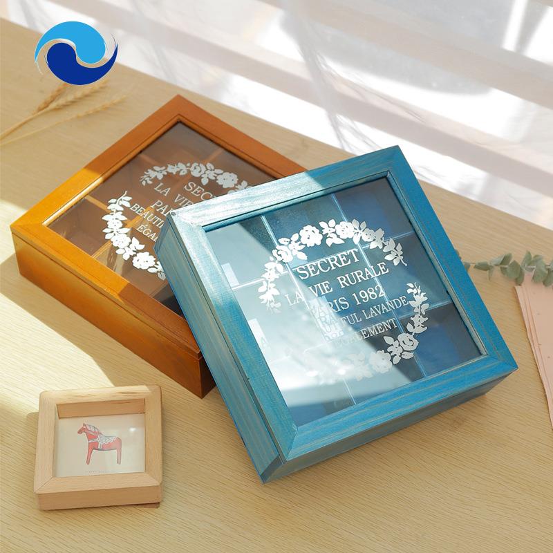 Hộp Gỗ 9 Ngăn 24 X 24 X 7Cm Đựng Trà / Mỹ Phẩm Tiện Dụng