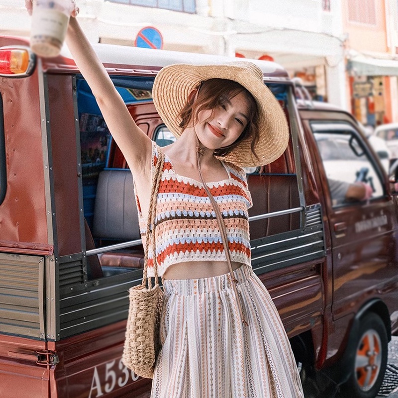 Áo Croptop Dệt Kim Hai Dây Cổ Vuông Họa Tiết Kẻ Sọc Cầu Vồng Phong Cách Cổ Điển Thời Trang Mùa Hè Cho Nữ