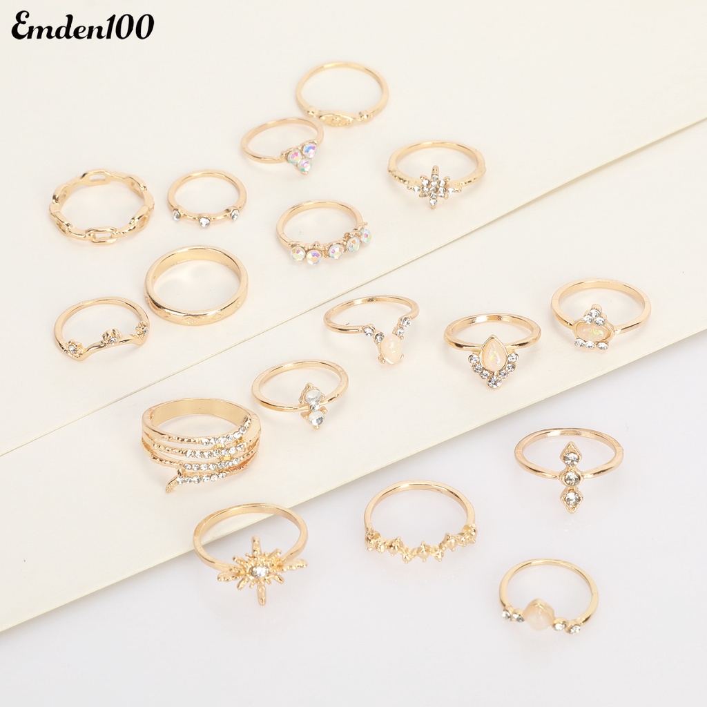 Bộ 17 Nhẫn Đính Đá Nhân Tạo Phong Cách Bohemian Thời Trang