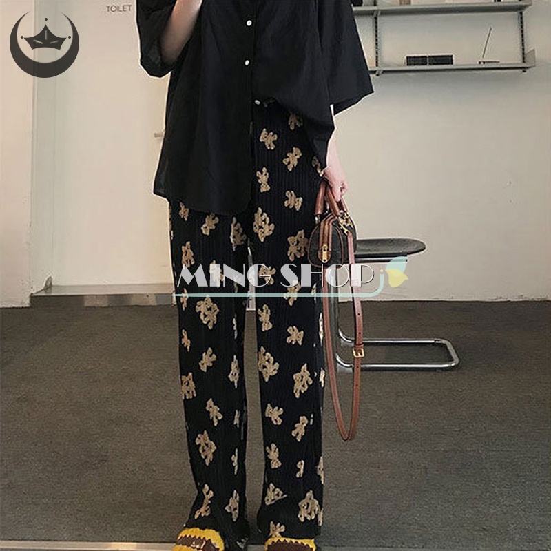 Quần Ống Rộng Lưng Thun In Họa Tiết Gấu Hoạt Hình Thân Thiện Với Môi Trường Thời Trang Mùa Hè Cho Nữ