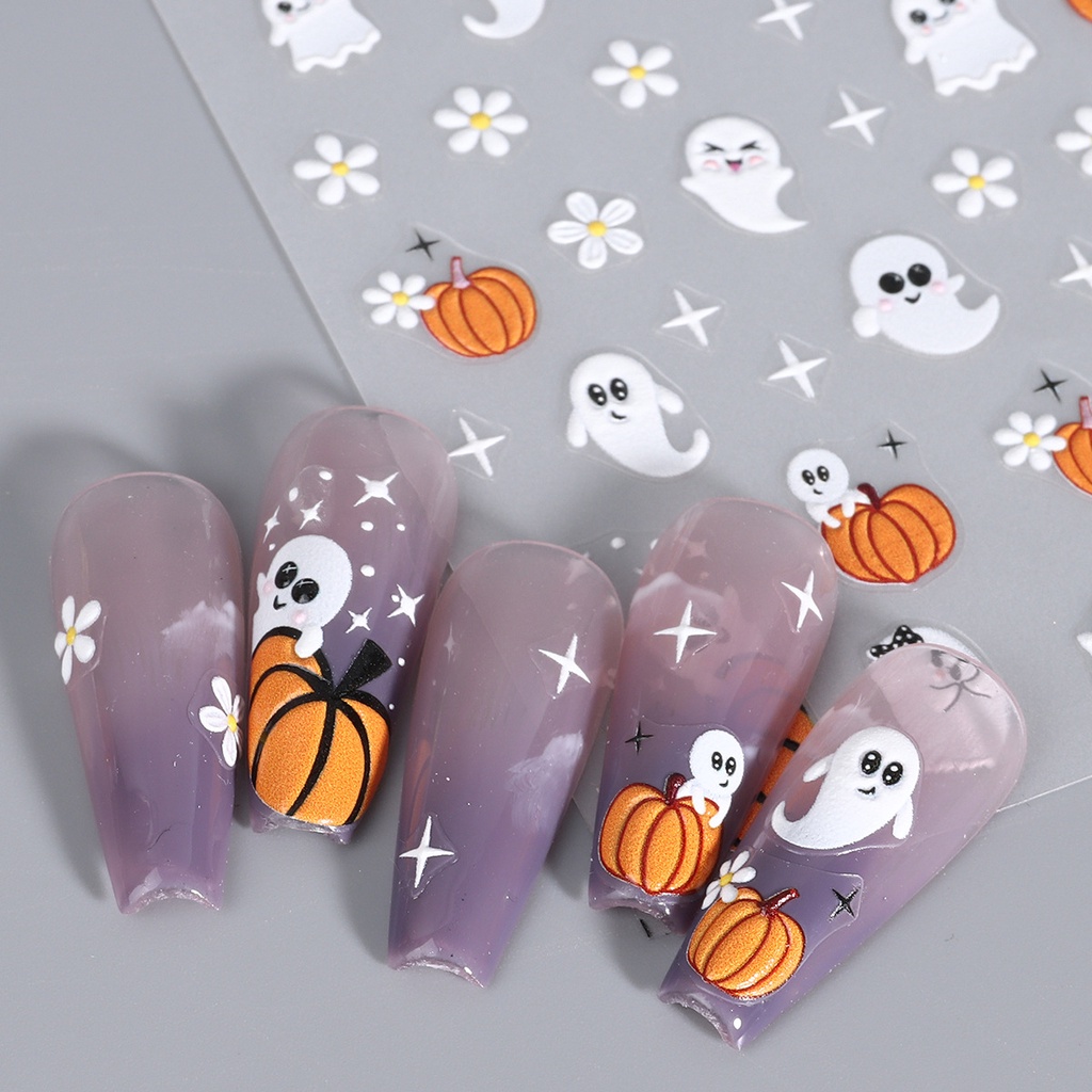 Halloween ma bí ngô nail sticker 5d nổi ngôi sao mạng nhện hộp sọ hoa hồng phim hoạt hình lễ hội mùa đông trang trí móng tay