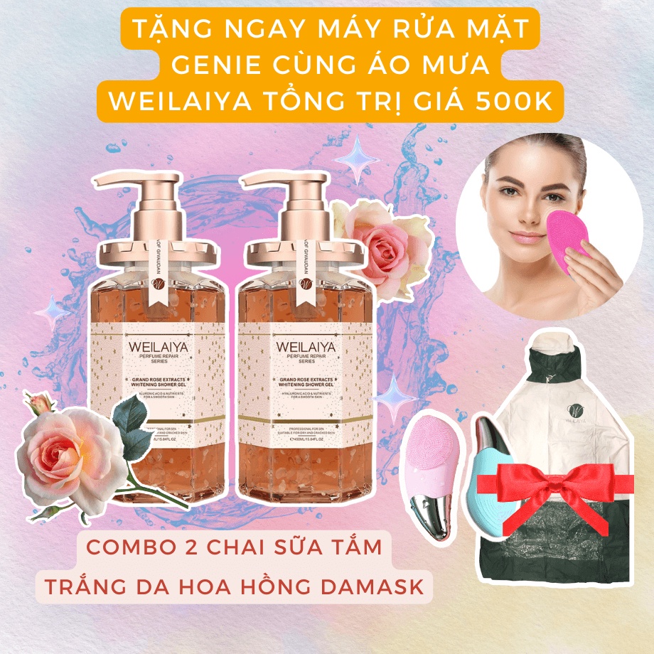 Set 2 chai sữa tắm lưu hương thơm cánh hoa hồng Weilaiya 450ML - Sữa tắm hoa hồng