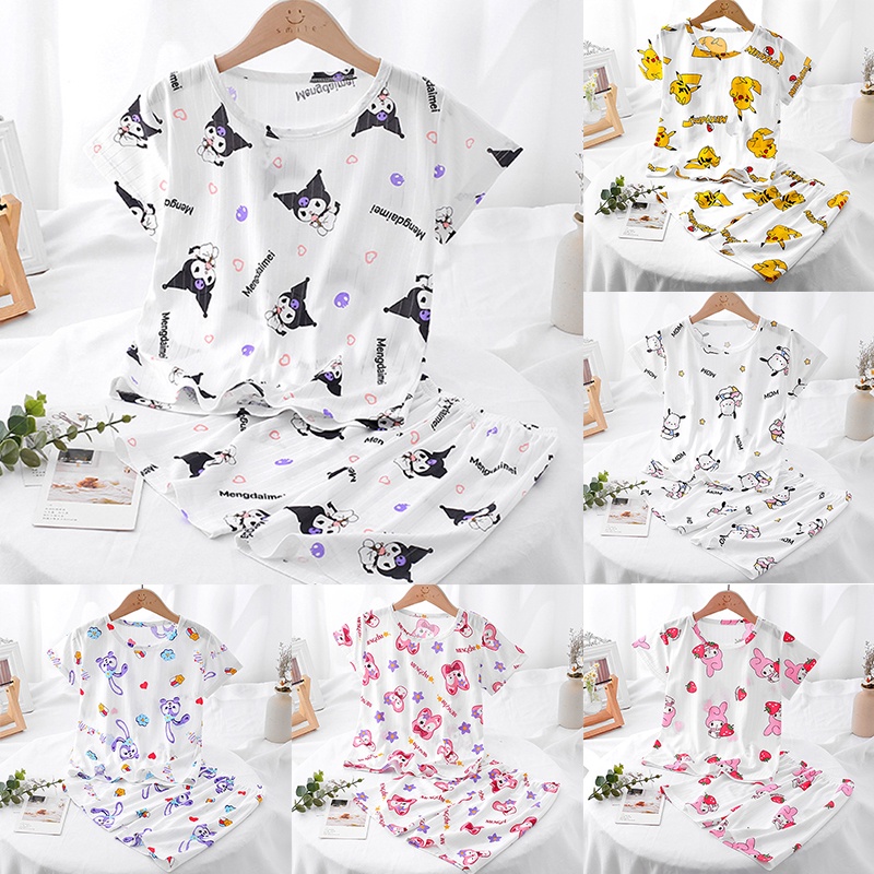 Bộ Đồ Ngủ Kuromi Ngắn Tay In Hoạt Hình Pikachu Dễ Thương Pijama Cho Bé Gái Trai