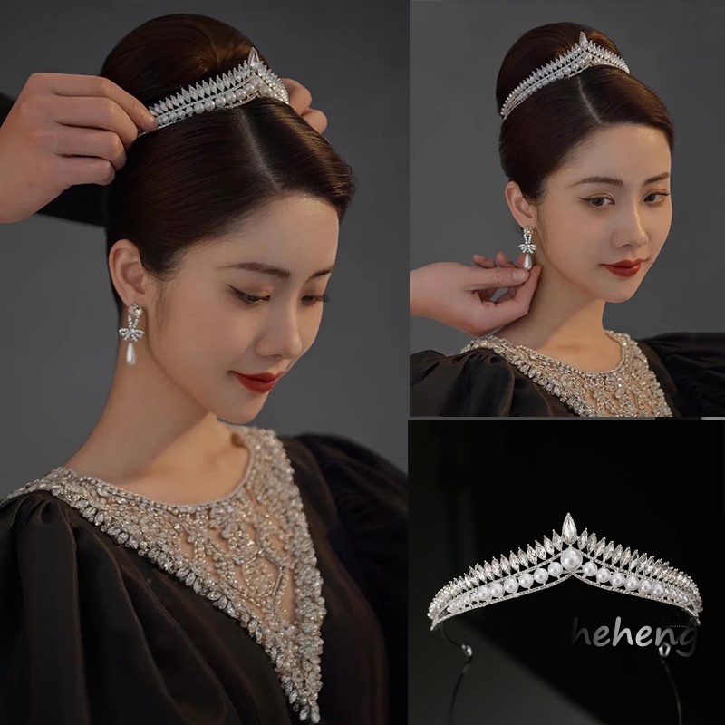 Băng Đô Vương Miện Đính Ngọc Trai Phong Cách Vintage
