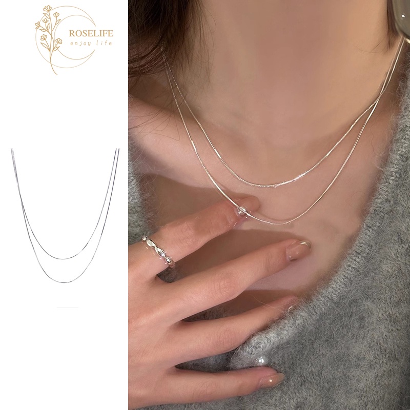 Vòng Cổ Choker Hai Lớp Bằng Bạc S925 Bóng Tối Giản Phong Cách Hàn Quốc Cho Nữ Mặc Hàng Ngày