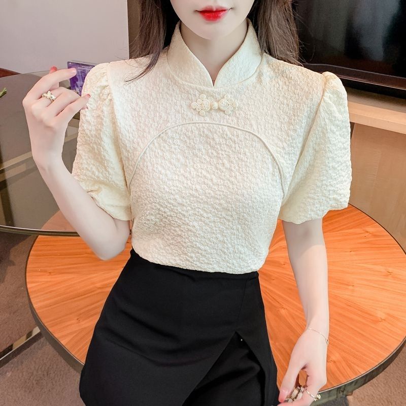 Khâu áo sơ mi nữ nơ văn học đính cườm trung quốc nút trên cùng