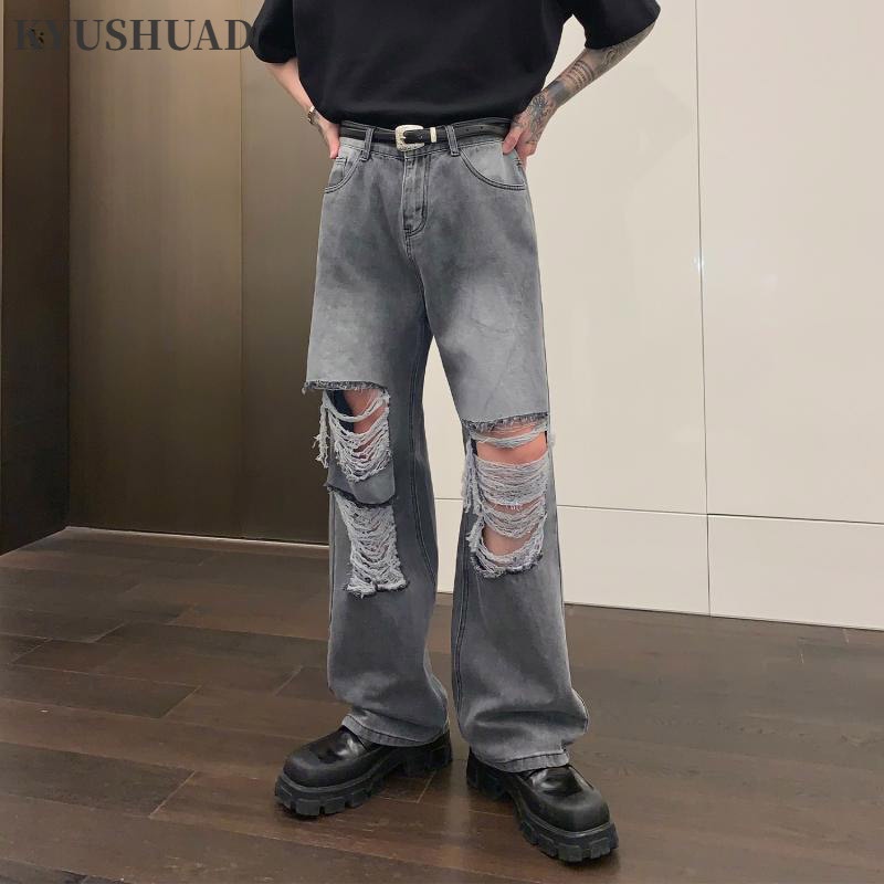 Quần jeans Dài Lưng Cao Ống Rộng Rách Gối Cá Tính Cho Nam