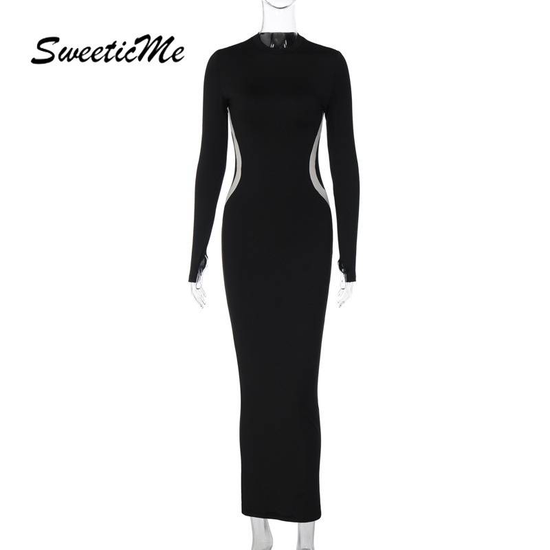 Đầm Dài Cổ Tròn Tay Dài Dáng Ôm Phối Màu Tương Phản Thời Trang 2023 Cho Nữ