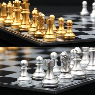 Foldable Travelling Magnetic Silver & Gold Chess & Checkers Set Board Game