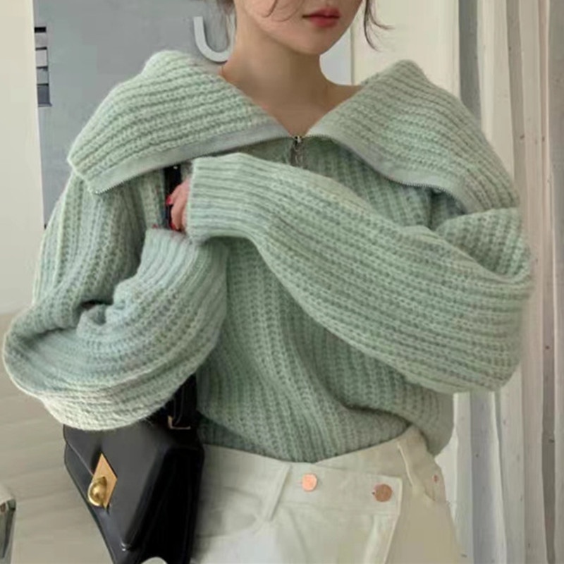 Áo Sweater Trơn Tay Dài Dáng Rộng Phong Cách Thời Trang Retro