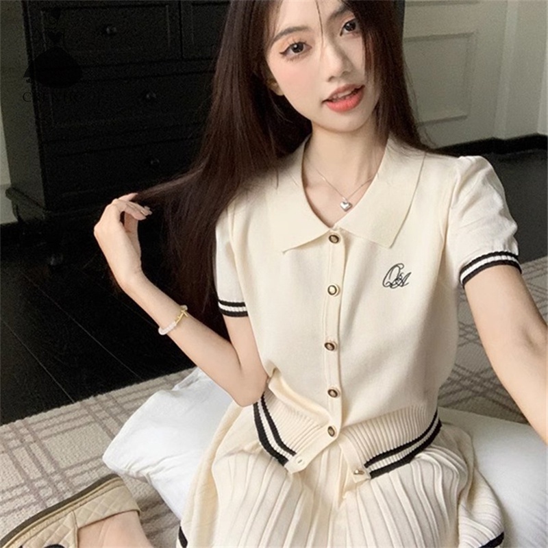 Set Áo Thun Ngắn Tay Và Chân Váy Xếp Ly Phong Cách Preppy Thời Trang Mùa Hè Dành Cho Nữ