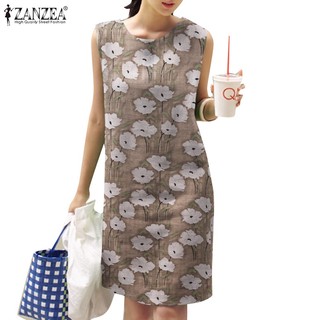 Đầm ZANZEA cổ tròn không tay họa tiết hoa xẻ tà phong cách Hàn Quốc dành cho nữ