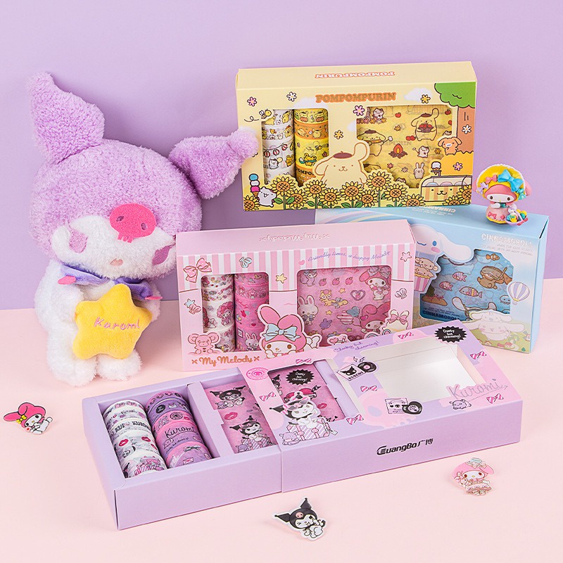 6 cuộn băng 8 tờ dán bộ nhãn dán băng sanrio hộp quà kuromi melody tài khoản tay chất liệu và băng giấy bộ nhãn dán quà tặng kỳ nghỉ