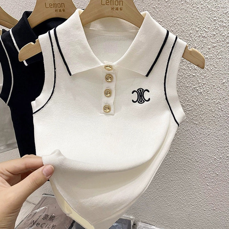 Áo Thun polo Dệt Kim Không Tay Dáng Ôm Thời Trang Mùa Hè Dành Cho Nữ