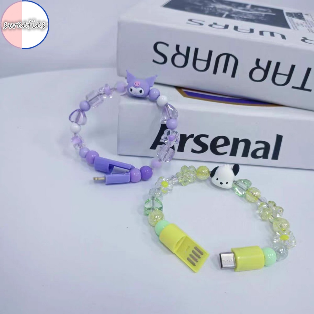 2 trong 1 sanrio kuromi phim hoạt hình hạt dễ thương sạc dữ liệu cáp usb vòng đeo tay phù hợp với ios type-c