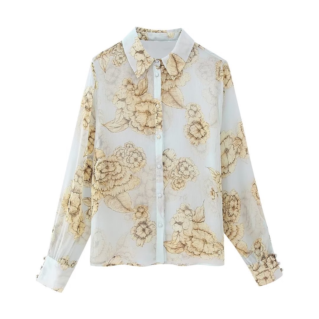 Qunz fashion áo sơ mi dài tay in hoa + váy nửa dài 3880