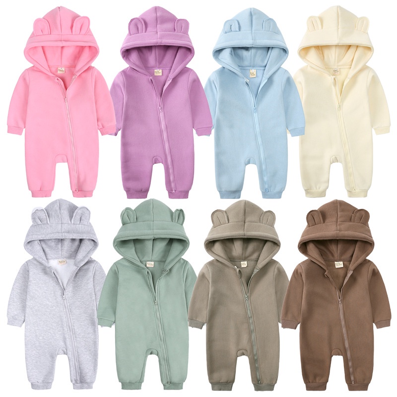 Sơ sinh áo liền quần dày bé gấu có mũ trùm đầu bodysuit mùa thu đông áo khoác ngoài áo khoác có dây kéo jumpsuit màu rắn quần áo cho 0-24 tháng