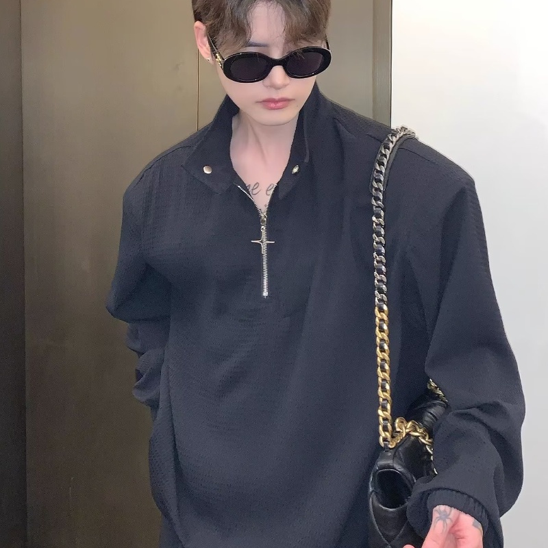 Thời trang dây kéo waffle polo áo sơ mi nam phong cách hàn quốc stand-up cổ áo nam t-shirt thiết kế cảm giác xu hướng lỏng lẻo hàng đầu thường dài tay áo sơ mi nam