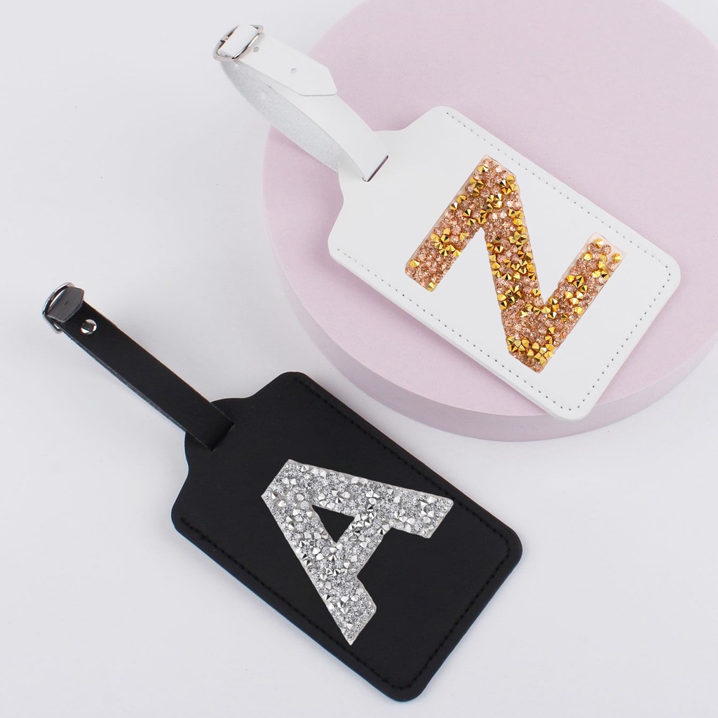 A-z ban đầu rhinestone monogram phụ nữ đàn ông da pu thẻ hành lý vali nhãn nhận dạng hành lý túi lên máy bay tên thẻ id địa chỉ chủ sở hữu phụ kiện du lịch