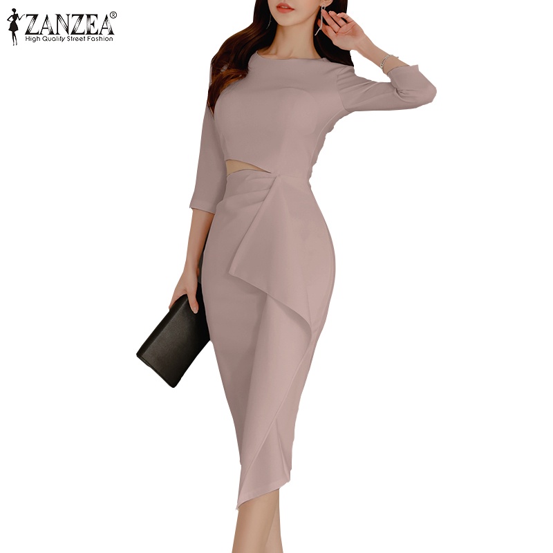Đầm ZANZEA cổ tròn tay 3/4 thiết kế rỗng xếp ly phong cách Hàn Quốc thời trang dành cho nữ
