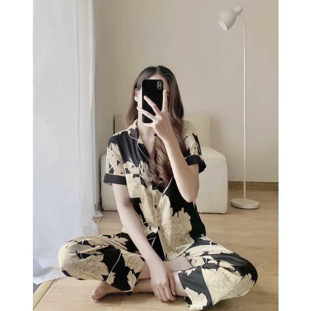 Bộ ngủ nữ pijama mặc nhà chất lụa latin cao cấp họa tiết hoa mẫu đơn Melli Homewear