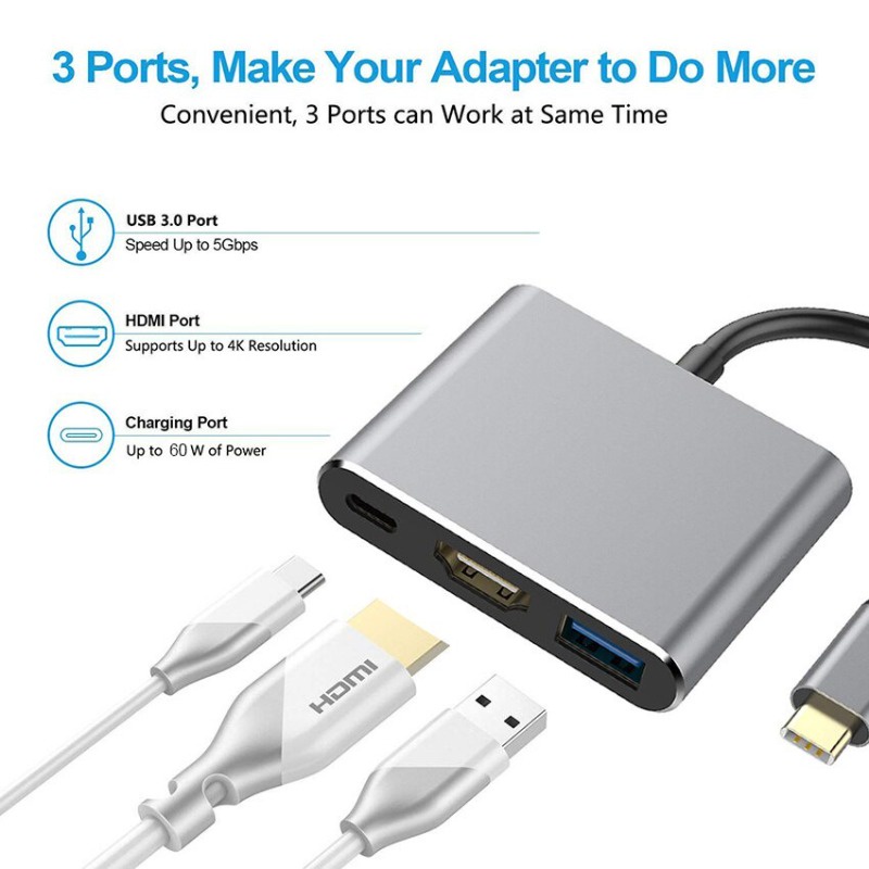 Bộ chuyển đổi usb loại c sang hdmi, bộ chuyển đổi loại c otg 3 trong 1, 4k hdmi & pd sạc nhanh usb c sang hdmi bộ chuyển đổi usb loại c nữ
