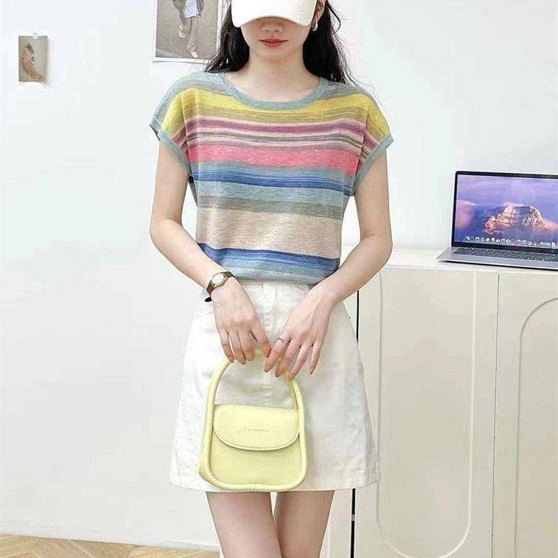 2023 mùa hè phong cách mới dệt kim cầu vồng sọc t-shirt cổ tròn áo thun ngắn tay áo