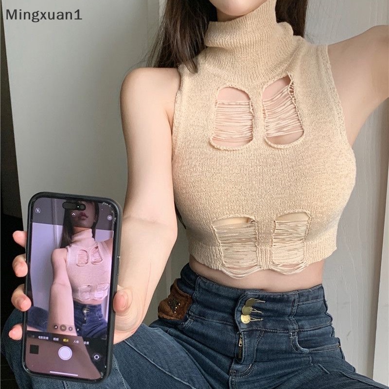 Thời trang mùa hè cao cổ dệt kim vest nữ sexy rỗng ngoài không tay slim top qzz