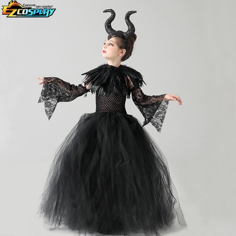 Disney maleficent costume dress halloween girls fancy christening black glam gownprom kids cosplay demon queen quần áo phù thủy