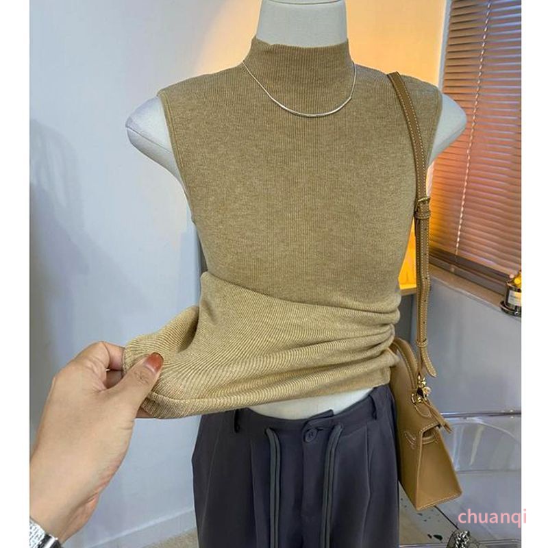 Mới mùa thu và mùa đông bên trong cổ áo đứng mỏng phù hợp với dệt kim nửa cao cổ không tay dệt kim vest của phụ nữ áo sơ mi dưới cùng