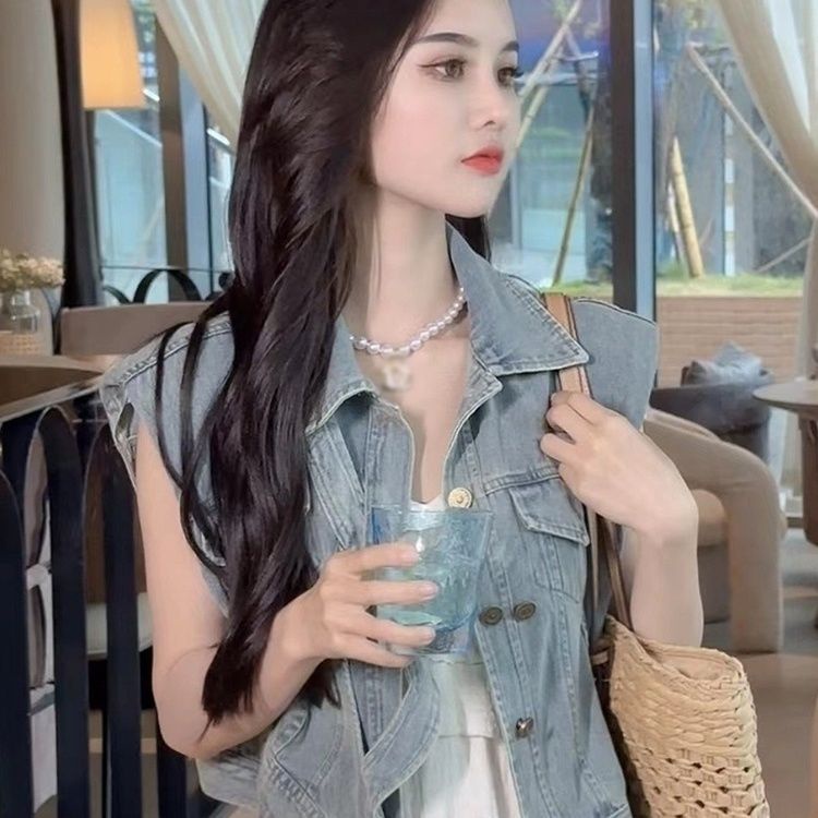 Hồng kông phong cách retro ghi lê không tay áo khoác vest denim phụ nữ mùa xuân hè phong cách mới thời trang áo ghi lê giản dị hàng đầu